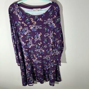 LOFT Purple Floral Long Sleeve Dress size 16/18 super soft and stretchy boho